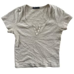 Brandy Melville Beige Striped Henley Top Short Sleeve One Size